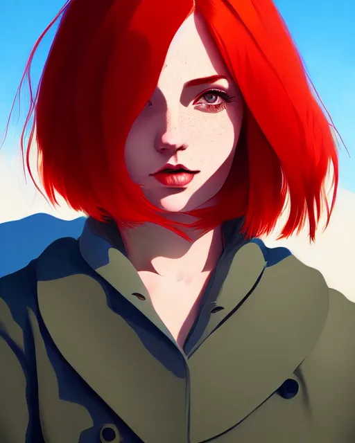 Prompt: a detailed portrait of a stunning woman with red hair and freckles by ilya kuvshinov, digital art, dramatic lighting, dramatic angle