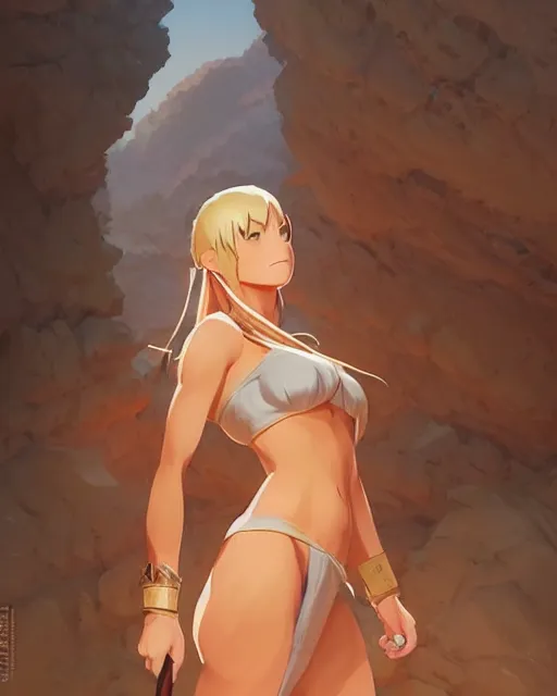 Image similar to blond woman in a cave - woman outfit, by artgerm, by studio muti, greg rutkowski makoto shinkai takashi takeuchi studio ghibli