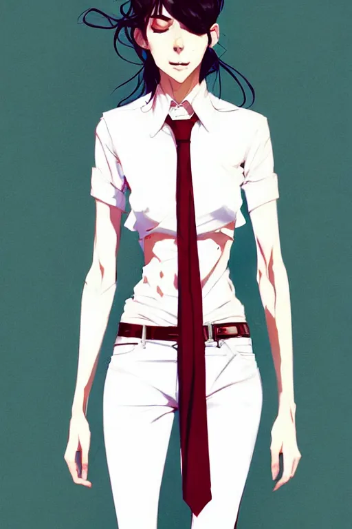 Image similar to a ultradetailed full body portrait of a woman dressed in a white shirt with a tie, by conrad roset, greg rutkowski and makoto shinkai trending on artstation