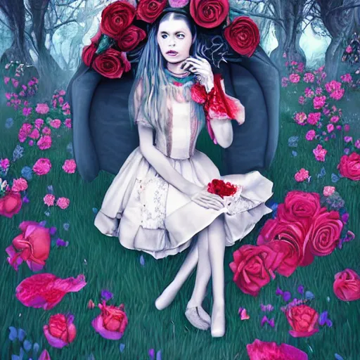 Image similar to Alice in Wonderland at the tea party, she looks like a mix of grimes, Aurora Aksnes and zoë Kravitz, sweet and innocent, surrounded by red and white roses, digital illustration, inspired by Aeon Flux, Japanese shoujo manga, and Alexander McQueen fashion, hyper detailed, dreamlike, incredibly ethereal, super photorealistic, iridescent colors, Tyndall effect, extremely fine inking lines