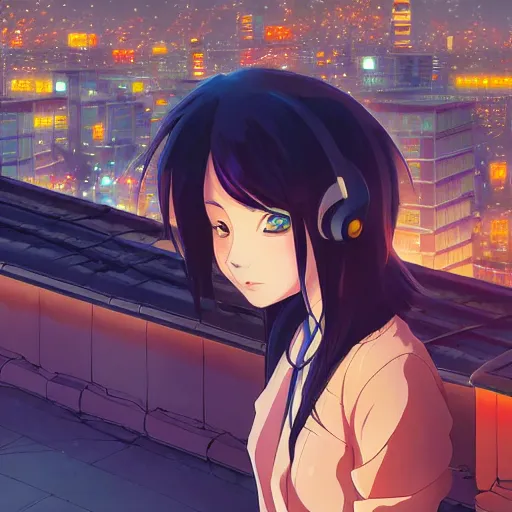 Image similar to beautiful anime painting of a woman with dark - blue hair sitting on a rooftop in a cyberpunk city, nighttime, by makoto shinkai, kimi no na wa, artstation, atmospheric, high detail