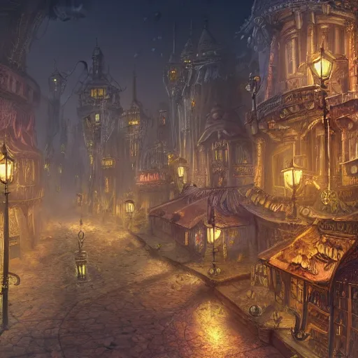 Image similar to fantasy steampunk victorian city at night, 4k, concept art