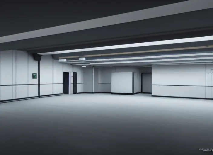 Image similar to cctv footage of a large white empty breakroom, retrofuturist liminal space, familiar place, clean, black mold, amateur, unreal engine, photorealistic, trending on artstation