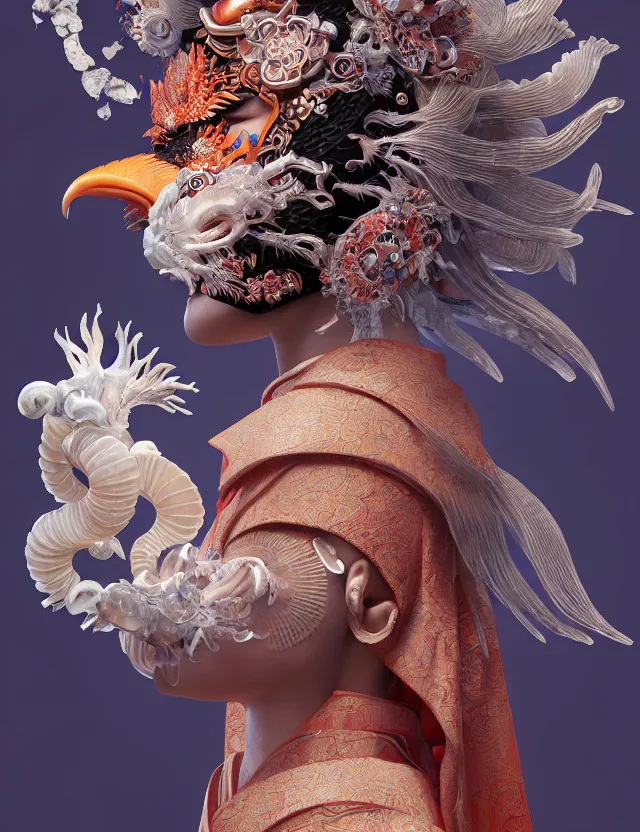 Prompt: 3 d goddess in robe close - up profile portrait with ram skull. beautiful intricately detailed japanese crow kitsune mask and clasical japanese kimono. betta fish, jellyfish phoenix, bio luminescent, plasma, ice, water, wind, creature, artwork by tooth wu and wlop and beeple and greg rutkowski