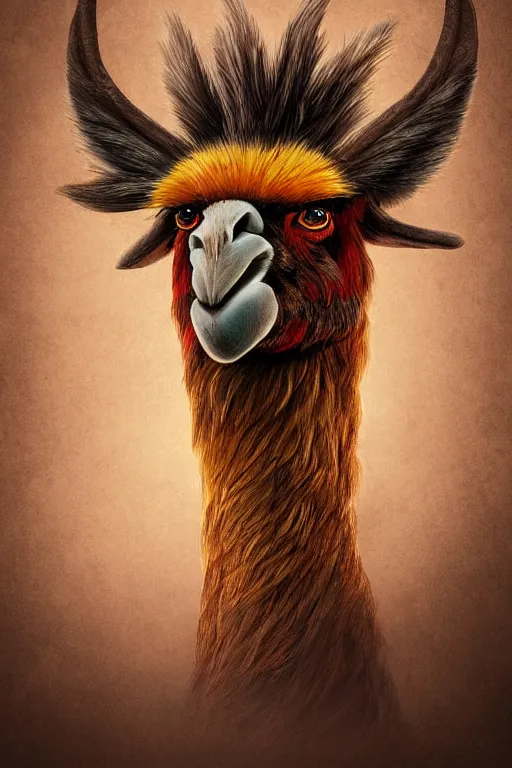 Image similar to portrait of an Anthro llama warrior, digital art, illustration, Unreal Engine, Concept Art, Proportional, magical, Navajo-Inspired, Stylized, Sun Conure, Strong Pose, wingless, head and shoulders, fierce eyes staring at the camera