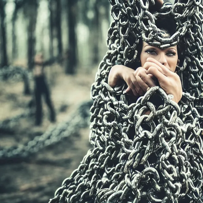 Image similar to a closeup of a woman wrapped in chains, dragging a pile of chains, in a forest, by Erik Almas, CANON Eos C300, ƒ1.8, 35mm, 8K, medium-format print
