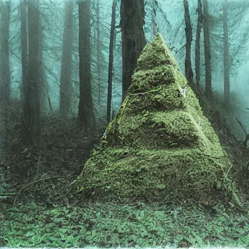 Prompt: a mossy rock pyramid in the middle of a forest clearing, foggy, eerie, creepy, unsettling, lost footage, old polaroid, expired film,