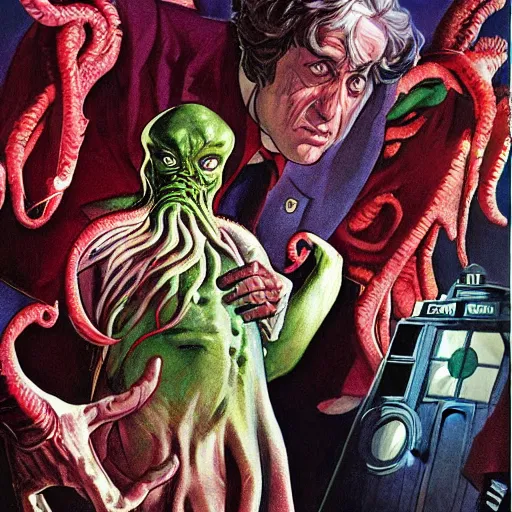 Prompt: comic book cover for'doctor who vs cthulhu ', art by alex ross