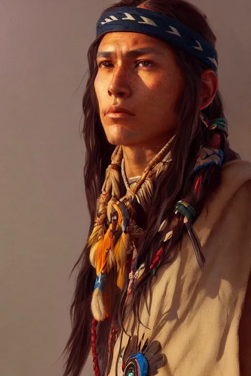 Prompt: A full portrait of a native american scout, intricate, elegant, highly detailed, digital painting, artstation, concept art, smooth, sharp focus, illustration, art by Krenz Cushart and Artem Demura and alphonse mucha