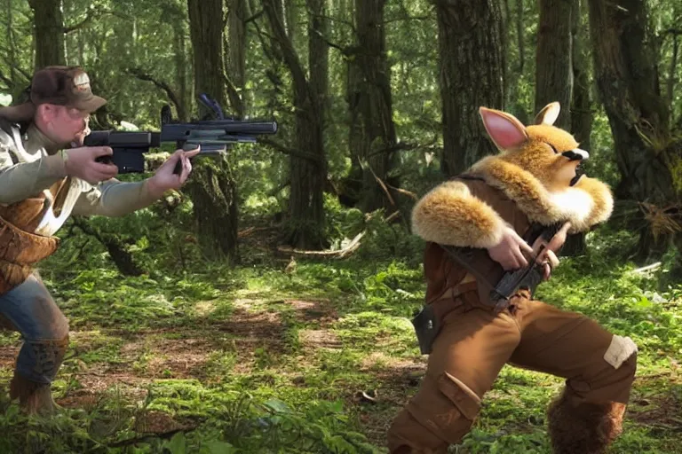 Image similar to two woodland creatures battling each other with guns, woodland setting
