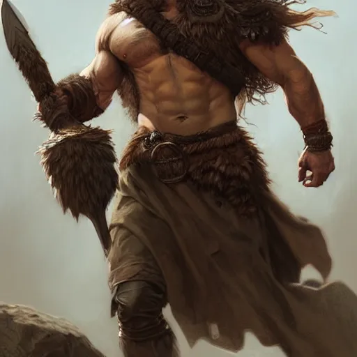 Prompt: portrait of a rugged male barbarian, handsome, upper body, D&D, muscular, fantasy, intricate, elegant, highly detailed, digital painting, artstation, concept art, smooth, sharp focus, illustration, art by artgerm and greg rutkowski and alphonse mucha