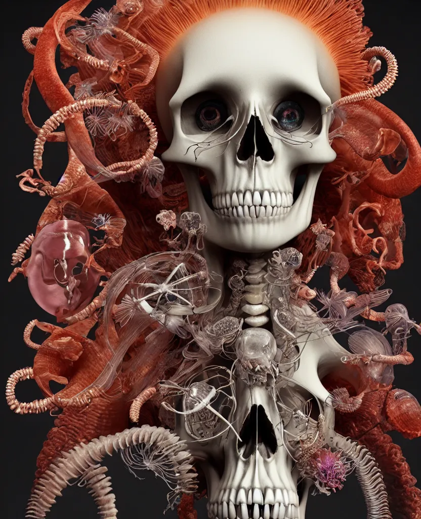 Image similar to goddess close-up portrait skull with mohawk, ram skull, skeleton, thorax, x-ray, backbone, jellyfish phoenix head, nautilus, orchid, skull, betta fish, bioluminiscent creatures, intricate artwork by Tooth Wu and wlop and beeple. octane render, trending on artstation, greg rutkowski very coherent symmetrical artwork. cinematic, hyper realism, high detail, octane render, 8k