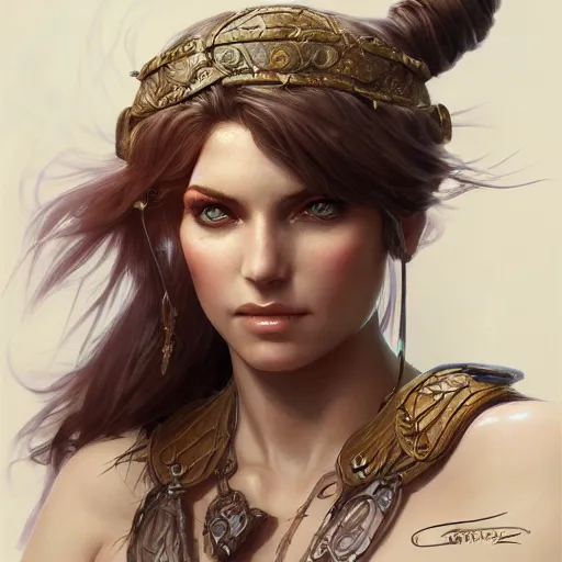 Image similar to Female barbarian closeup, D&D, fantasy, intricate, elegant, highly detailed, digital painting, trending on artstation, concept art, illustration, art by Artgerm and Greg Rutkowski and Alphonse Mucha