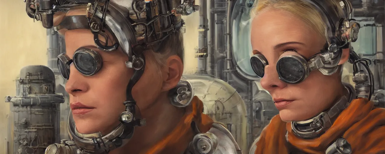 Prompt: oil painting, character concept art 3 / 4 portrait of tattooed stoic heroic emotionless butch blonde woman engineer with short slicked - back hair, wearing dark victorian goggles, wearing orange bandana around neck, working inside reactor room, awkward and uncomfortable and anxious, dirty, ron cobb. industrial space program, scifi, hyper detailed. octane render. trending on artstation