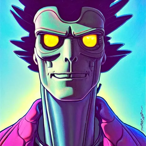 Image similar to 1 0 7 7 autobot rick sanchez bender futurama portrait by charles vess and james jean and erik jones and rhads, inspired by ghost in the shell, beautiful fine face features, intricate high details, sharp, ultradetailed