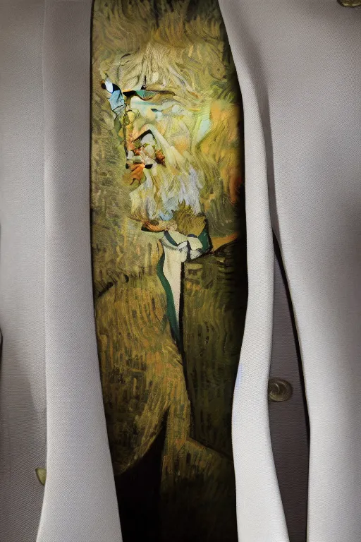 Image similar to unreal engine of 3 piece suit designed by Vincent van Gogh, stylish, creative fashion, ethereal lighting, dramatic