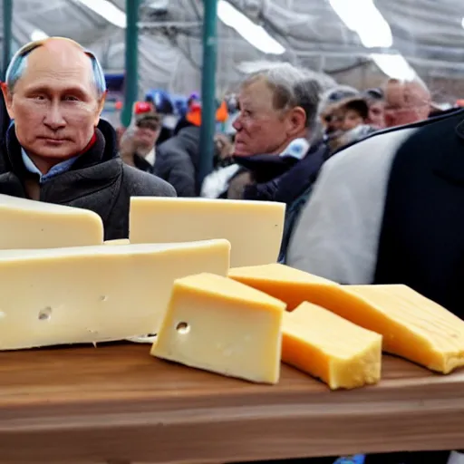 Image similar to close up of vladimir putin visiting a cheese market