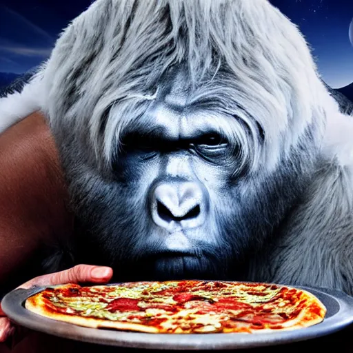 Prompt: camera obscura photograph of a yeti eating pizza