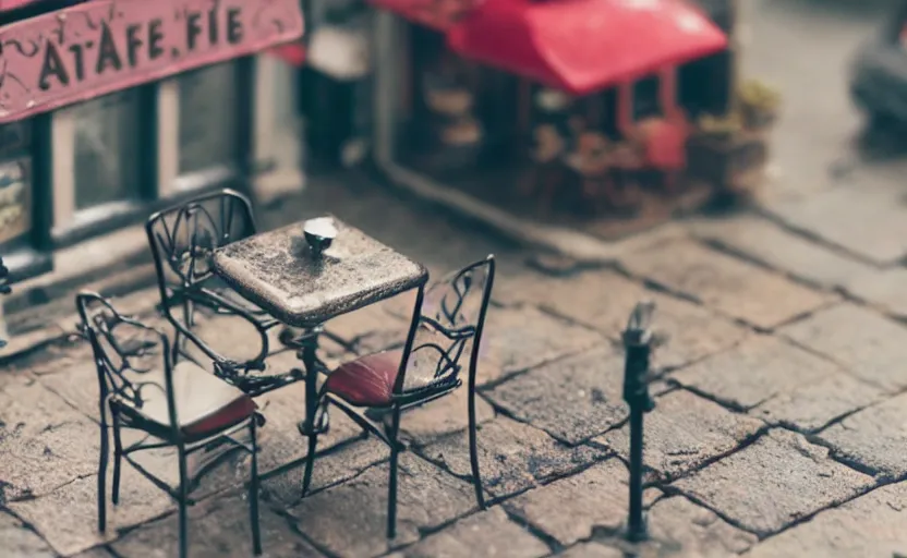 Image similar to miniature cafe diorama macro photography, cafe for mice, alleyway, ambient, atmospheric, british, bokeh, romantic