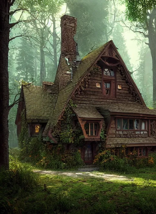 Image similar to hyper realistic homely witch cottage with random architectural styles, in the woods gorgeous lighting, highly detailed, lush forest painting by norman rockwell, james gurney zdzisław beksinski and norman rockwell and greg rutkowskiweta octane render