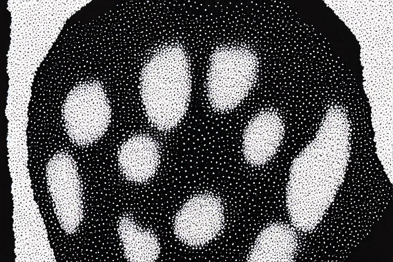 Image similar to black figure, faceless people dark, dots, drip, stipple, pointillism, technical, abstract, minimal, style of francis bacon, asymmetry, pulled apart, cloak, hooded cowl, made of dots, abstract, balaclava, colored dots, sploch