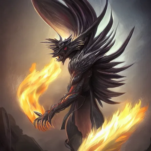Prompt: full body anime style human in dragon form, bald, fire beard. fantasy style. very punk / alt aesthetic. wings and tail, a highly detailed, digital painting, artstation, concept art, matte, sharp focus, illustration, art by artgerm and greg rutkowski
