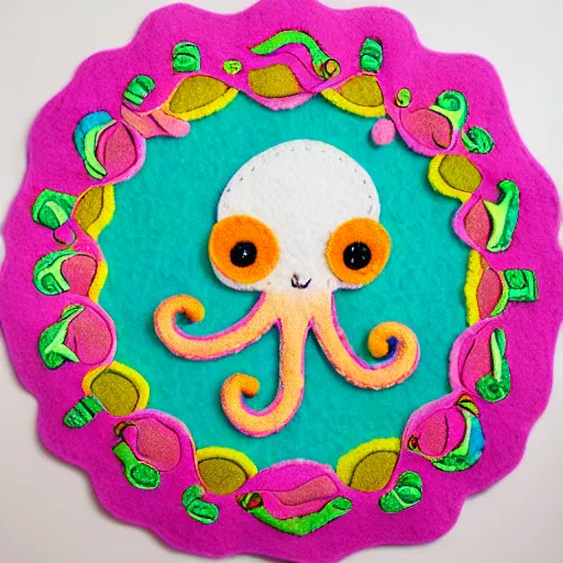 Image similar to a cute octopus in a colorful ornate felt mandala with fine details