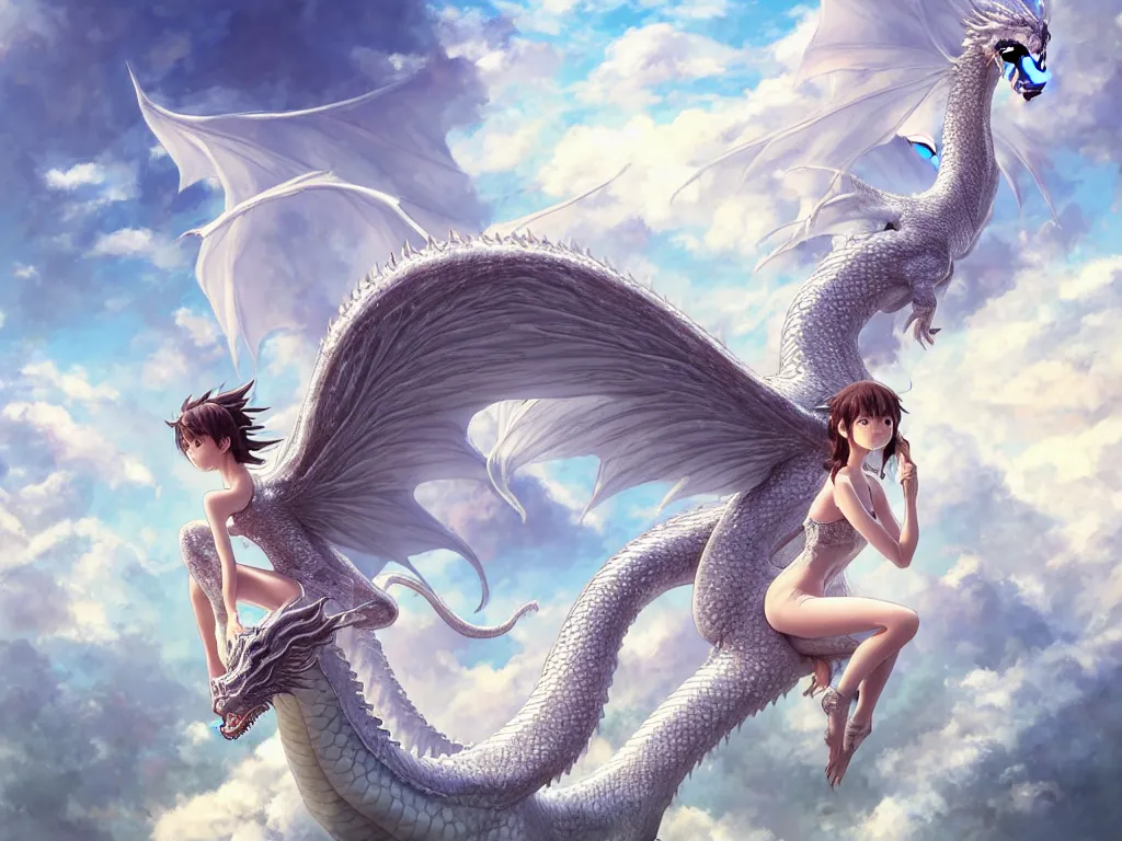 Image similar to the beautiful hyper detailed big scene render that a beautiful girl sitting on the back of a huge silver white dragon alone in fairyland surrounded by white clouds, finely detailed angelic face delicate features, style of studio ghibli, makoto shinkai, artgerm, karol bak, kazuki tanahashi, james jean, ross tran, xision, ultra wide angle