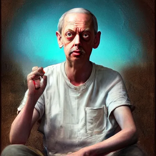 Image similar to hyperrealistic mixed media high resolution painting of Steve Buscemi disguised as Ghandi, stunning 3d render inspired art by Jamie Salmon and Greg Rutkowski, perfect facial symmetry, dim volumetric lighting, 8k octane beautifully detailed render, full body shot, post-processing, extremely hyper-detailed, intricate, epic composition, highly detailed attributes, highly detailed atmosphere, cinematic lighting, masterpiece, trending on artstation, very very detailed, masterpiece, stunning, flawless completion, lifelike texture, perfection,