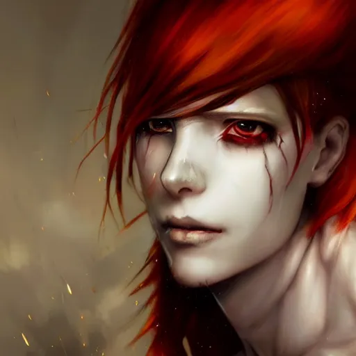 Image similar to beautiful portrait of hisoka morow, red hair, white shirt with yellow hem, realistic anime, hyper realistic concept headshot art, sharp, digital matte painting, art by luis royo, greg rutkowski, wlop, dramatic lighting, trending on artstation