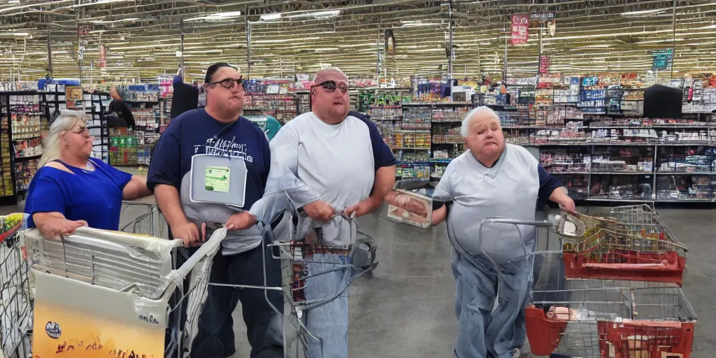 Prompt: obese americans at wal - mart, decrepit old fat people holding a giant bitcoin of rust, depressive realism dystopia