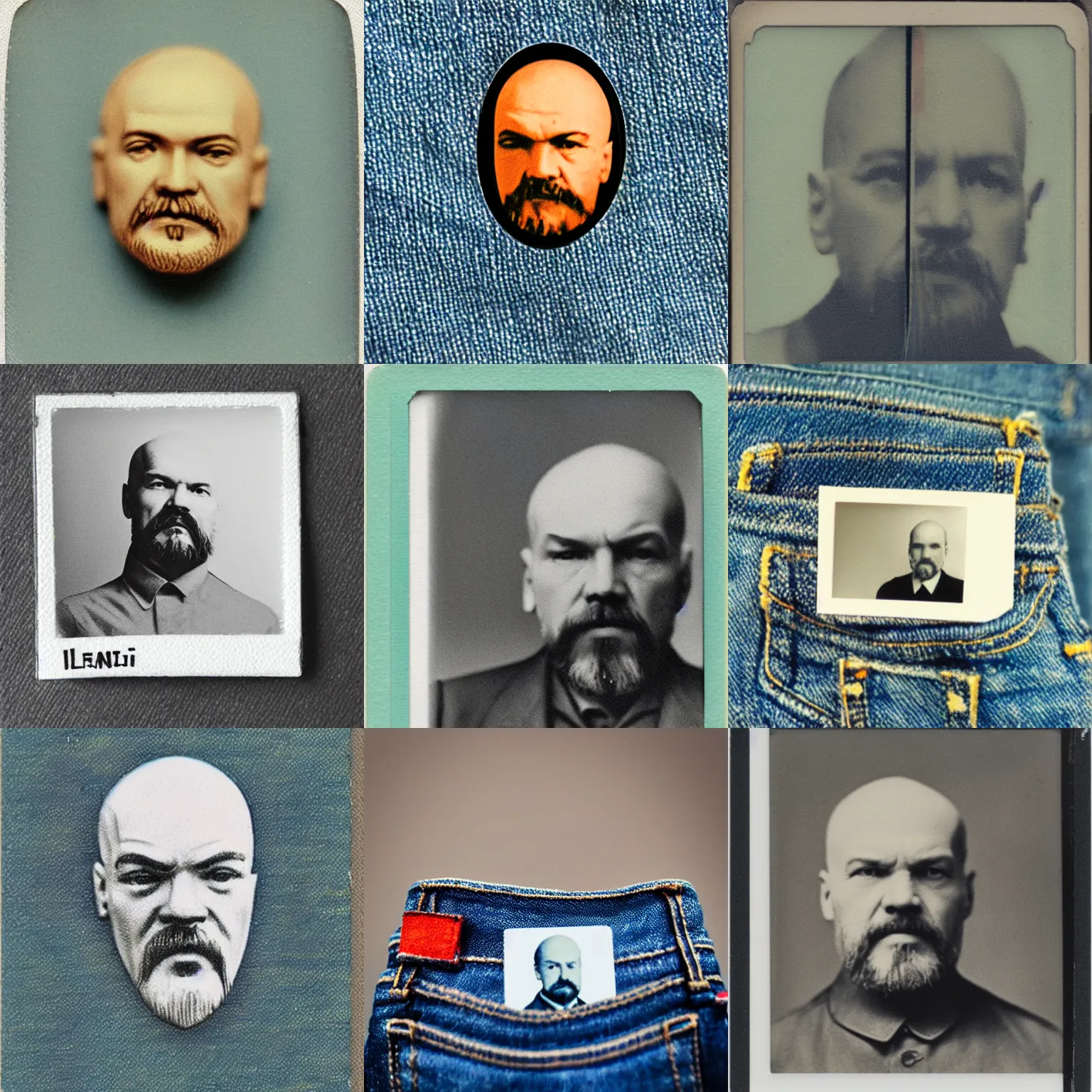 Prompt: a tiny polaroid of a lenin head peeking out of jeans pockets