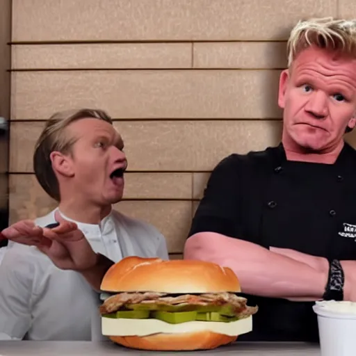 Prompt: gordon ramsay angrily throws a chicken sandwich at the wall in a kfc restaurant. the employees look on in horror