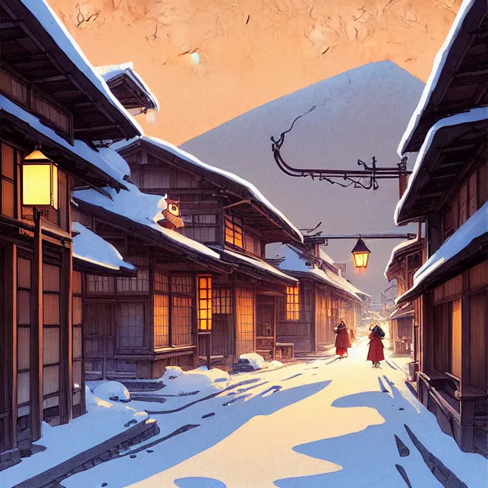 Image similar to empty rural japanese town at night, winter, in the style of studio ghibli, j. c. leyendecker, greg rutkowski, artem