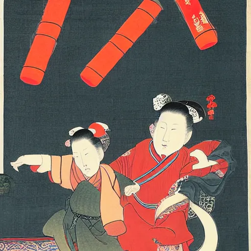 Prompt: a beautiful painting of chinese new year, two children are setting off firecrackers, ukiyo - e style
