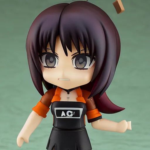 Image similar to nendoroid of a girl with a red sidecut, brown eyes and emo clothes