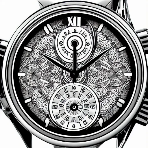 Prompt: silver intricate watch face, digital art