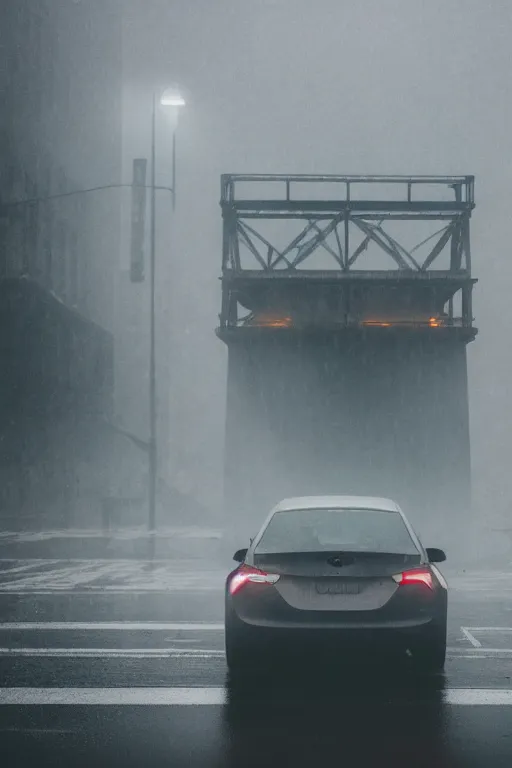 Image similar to Photo of a man sitting on the grey color car roof in the heavy rain at the city that sank , outdoor lighting, dynamic lighting, volumetric, wide angle, anamorphic lens, go pro, 4k