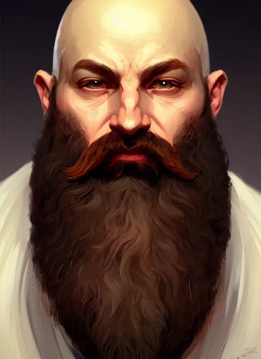 Image similar to symmetry!! portrait of a dnd dwarf no hair and big bushy beard, intricate, elegant, highly detailed, digital painting, artstation, concept art, smooth, sharp focus, illustration, art by artgerm and greg rutkowski and alphonse mucha