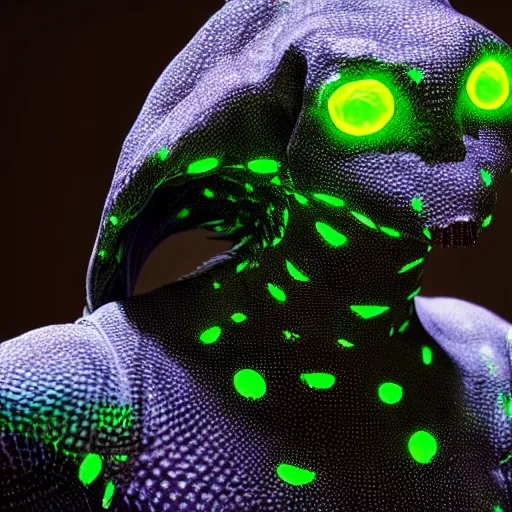 Prompt: a reptilian humanoid in a hooded cloak has luminescent scales that alternate neon coloring, the eyes are black and highly reflective, wet, stars in background, unreal engine 5 render, hyper realistic,