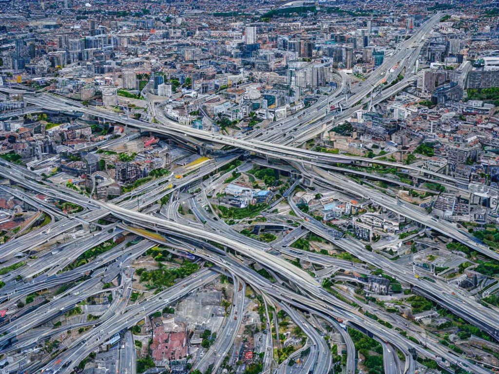 Image similar to drone view of a large highway through city, Brutalist architecture,sharp focus,telephoto lens,digital art 4k