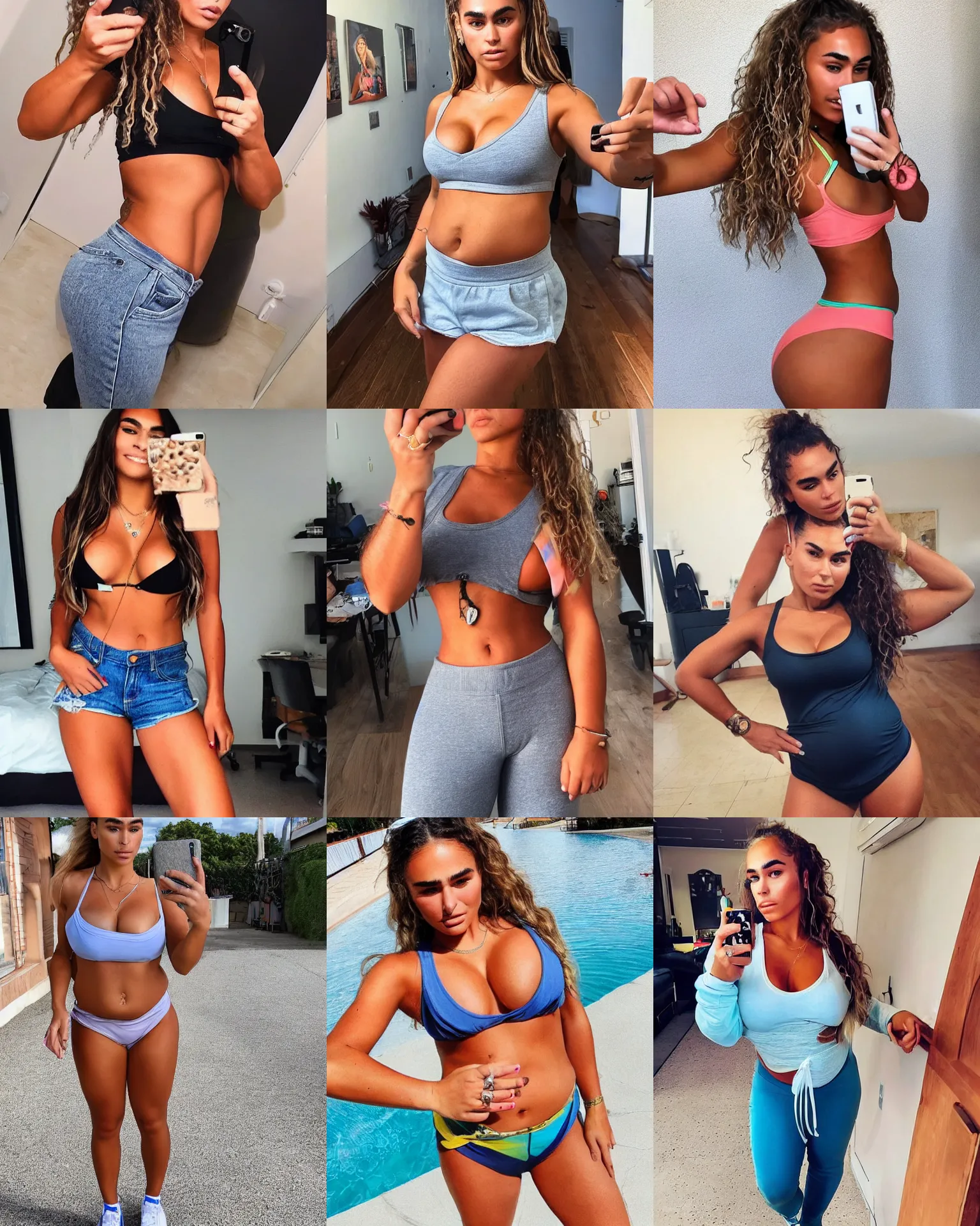 Prompt: a full - body selfie of sommer ray with an extremely round and distended chubby belly, focus on!!!!!! facial details!!!!!!, focus on her belly fat pressing against her clothes, instagram post, 8 k resolution