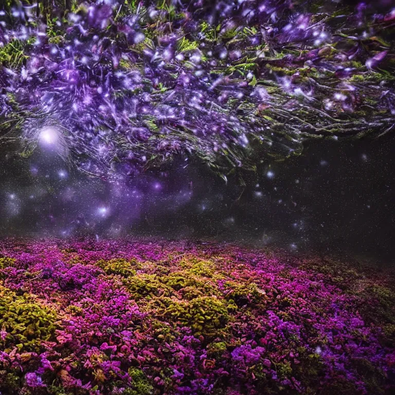 Image similar to a planet of various fungus, mushrooms, flowers and plants, inside the picture is infinity, Atmospheric, artistic photography, conceptual, long exposure outside the city, volumetric light