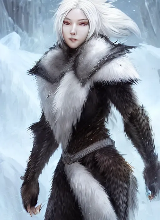 Image similar to warrior, fur - lined wolf armor!!! beautiful and elegant white hair female!! gorgeous ayes!! character concept art, sharp focus, octane render! unreal engine 5! highly rendered!! trending on artstation!! detailed linework!! illustration by artgerm, wlop, and chie yoshii