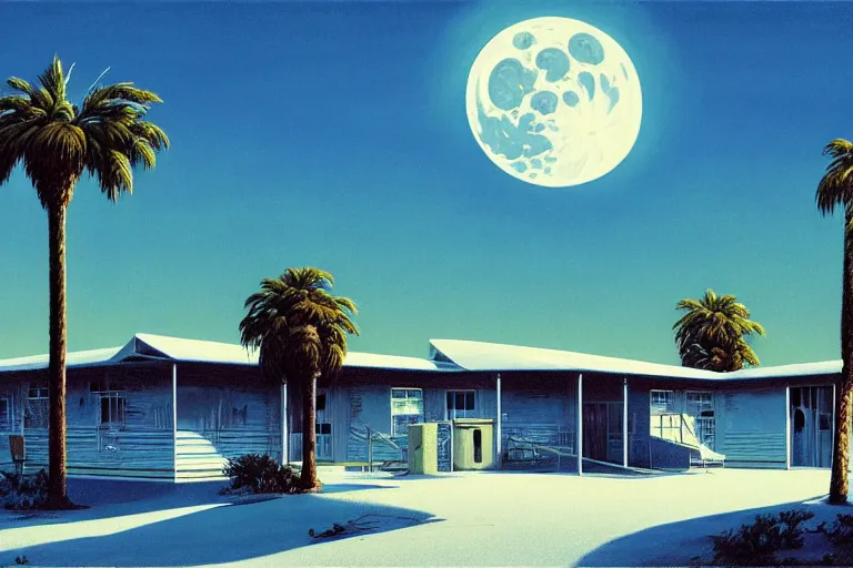 Prompt: natural american landscape | abandoned motel | palm trees | snowy mountains | moon in sky, painting by syd mead and weta studio and moebius and james jean and frank frazetta, highly detailed, rule of third, soft lighting, 8 k resolution, oil on canvas, architectural magazine, beautiful detailed, insanely intricate details, artstation trending, hypermaximalistic, high details, cinematic