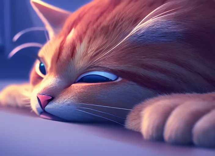 Image similar to a wholesome animation key shot of a ginger cat sleeping, close up, studio ghibli, pixar and disney animation, sharp, rendered in unreal engine 5, clear sky, anime key art by greg rutkowski, bloom, dramatic lighting