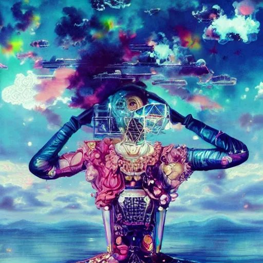 Image similar to surreal vaporwave painting, by yoshitaka amano, by ruan jia, by conrad roset, by kilian eng, by good smile company, incredibly detailed, of floating molecules and a mannequin artist holding an icosahedron with stars, clouds, and rainbows in the background, cgsociety, artstation, modular patterned mechanical costume and headpiece, vaporwave atmosphere