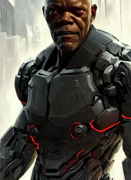 Image similar to samuel l. jackson as victor stone, full body concept, cyborg, borg, strogg, face of a man, terminator, flesh, quake strogg, doom demon, wolfenstein, monstrous, powerful, symmetry, symmetrical, concept art by ruan jia and greg rutkowski