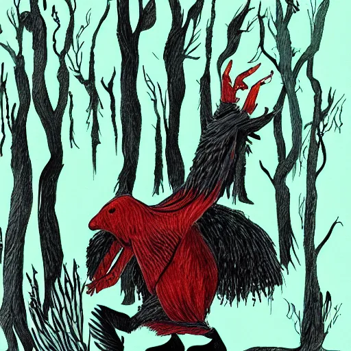 Prompt: Capercaillie blood mage in a dark fir forest, casting a spell with his hand. Digital gouache.