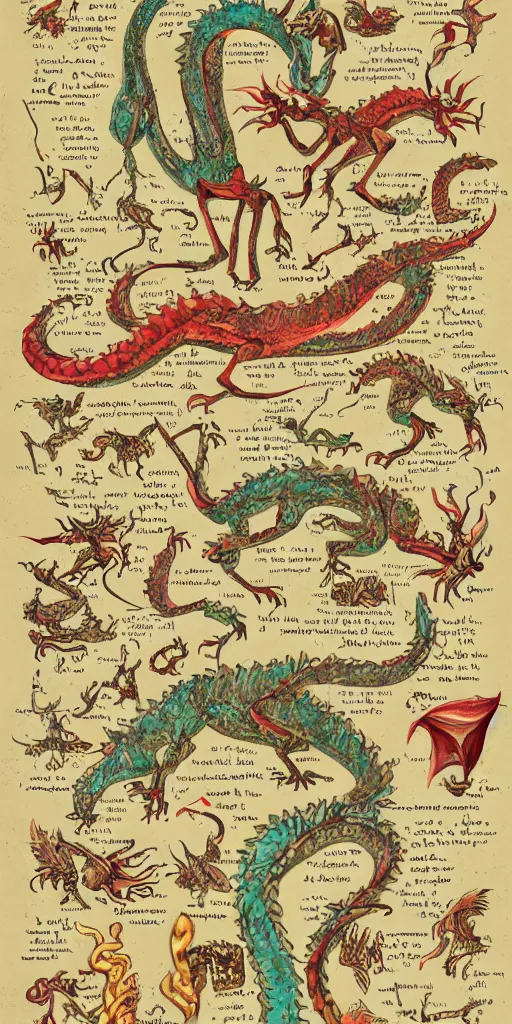 Image similar to anatomy of a dragons, diagrams, map, marginalia, sketchbook, old script, inhabited initials, pastel infographic by Wes Anderson and victo ngai